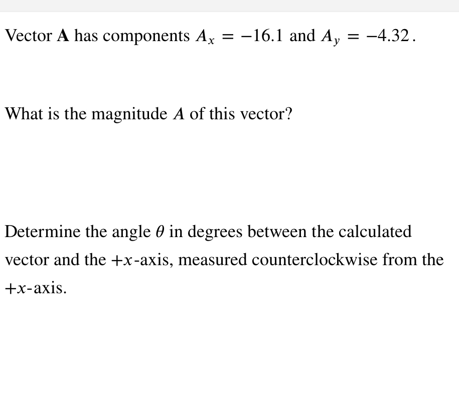What is the magnitude A of this vector? Determine the angle 9