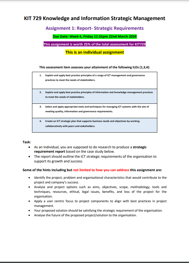 KIT 729 Knowledge and Information Strategic Management Assignment 1: Report- Strategic