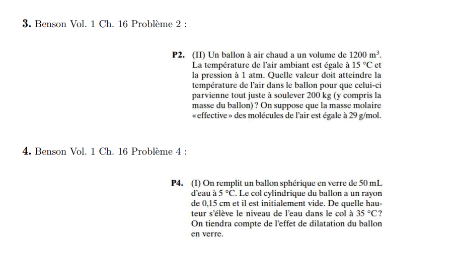 Vol. 1 Ch. 16 Problme 4 . (II) Un ballon air chaud