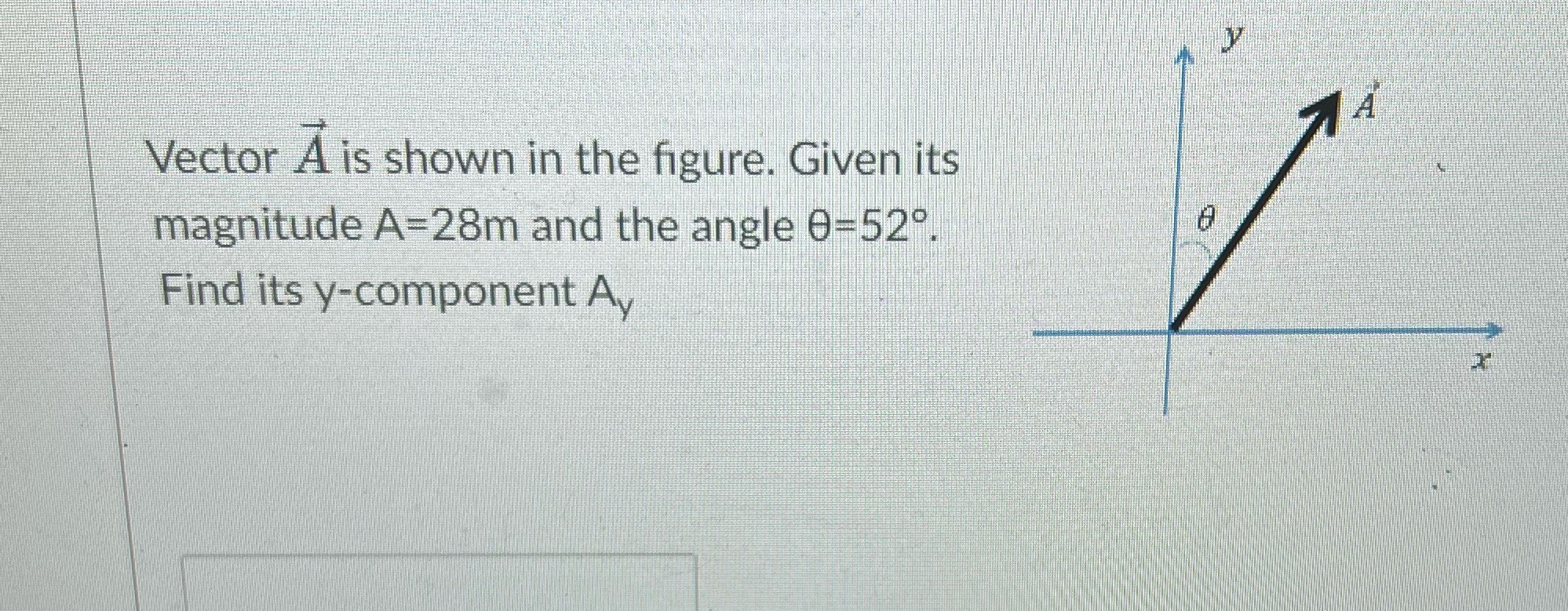 A=28m and the angle 0-52. Find its y-component Ay