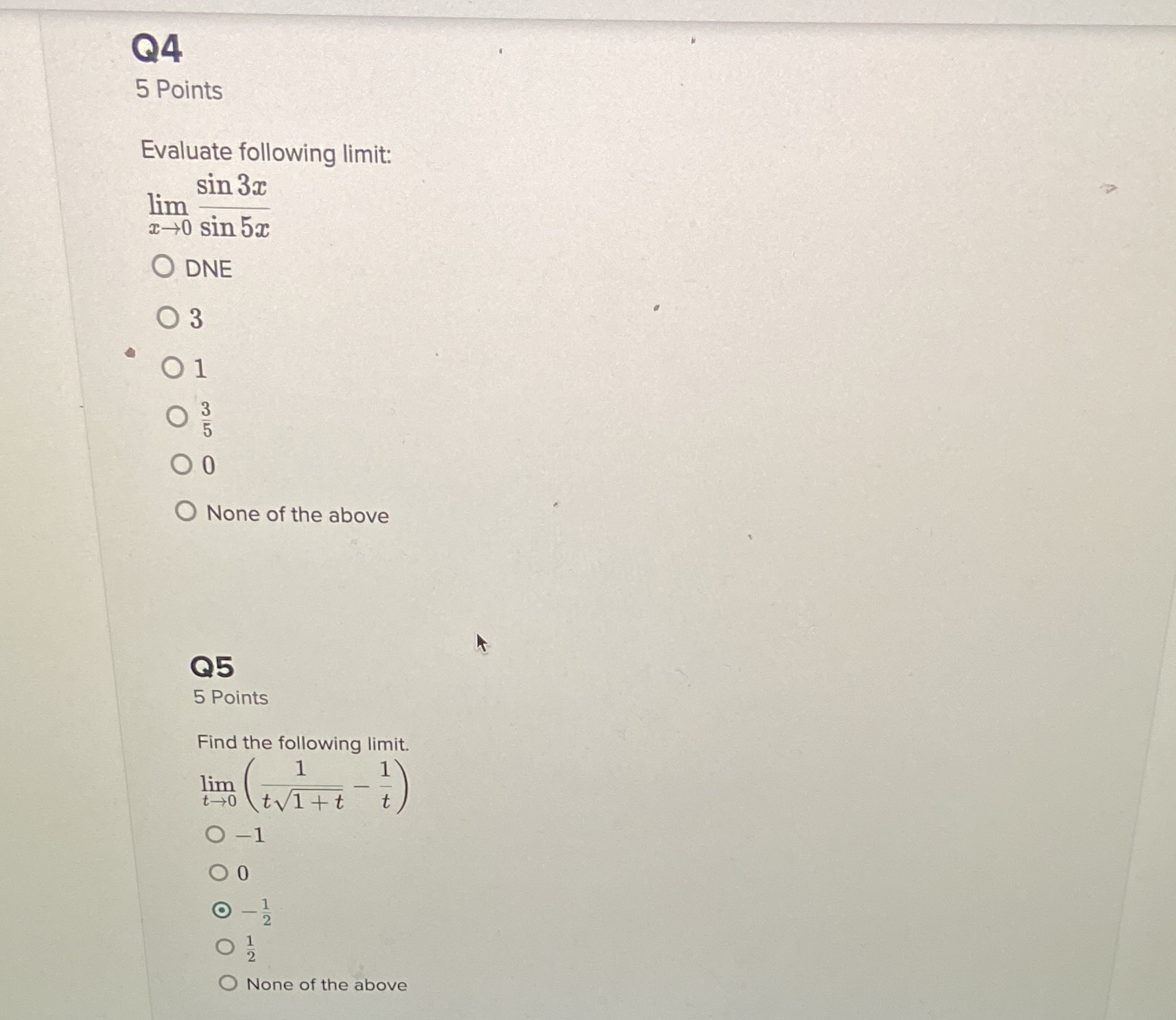 sin 5x O DNE O 3 01 O None of the above