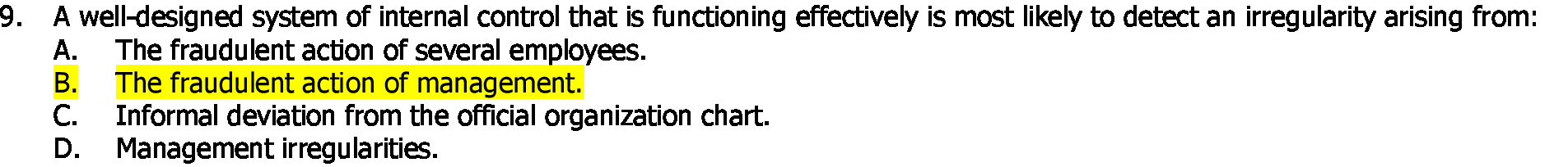 is most likely to detect an irregularity arising from: A. The fraudulent