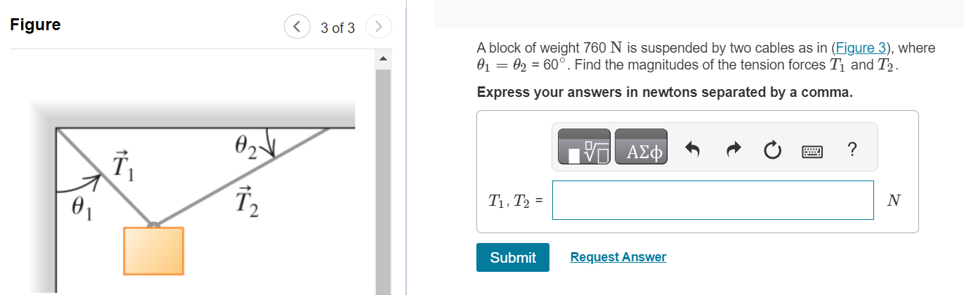 Figure 30f3 A block of weight 760 N is suspended by two