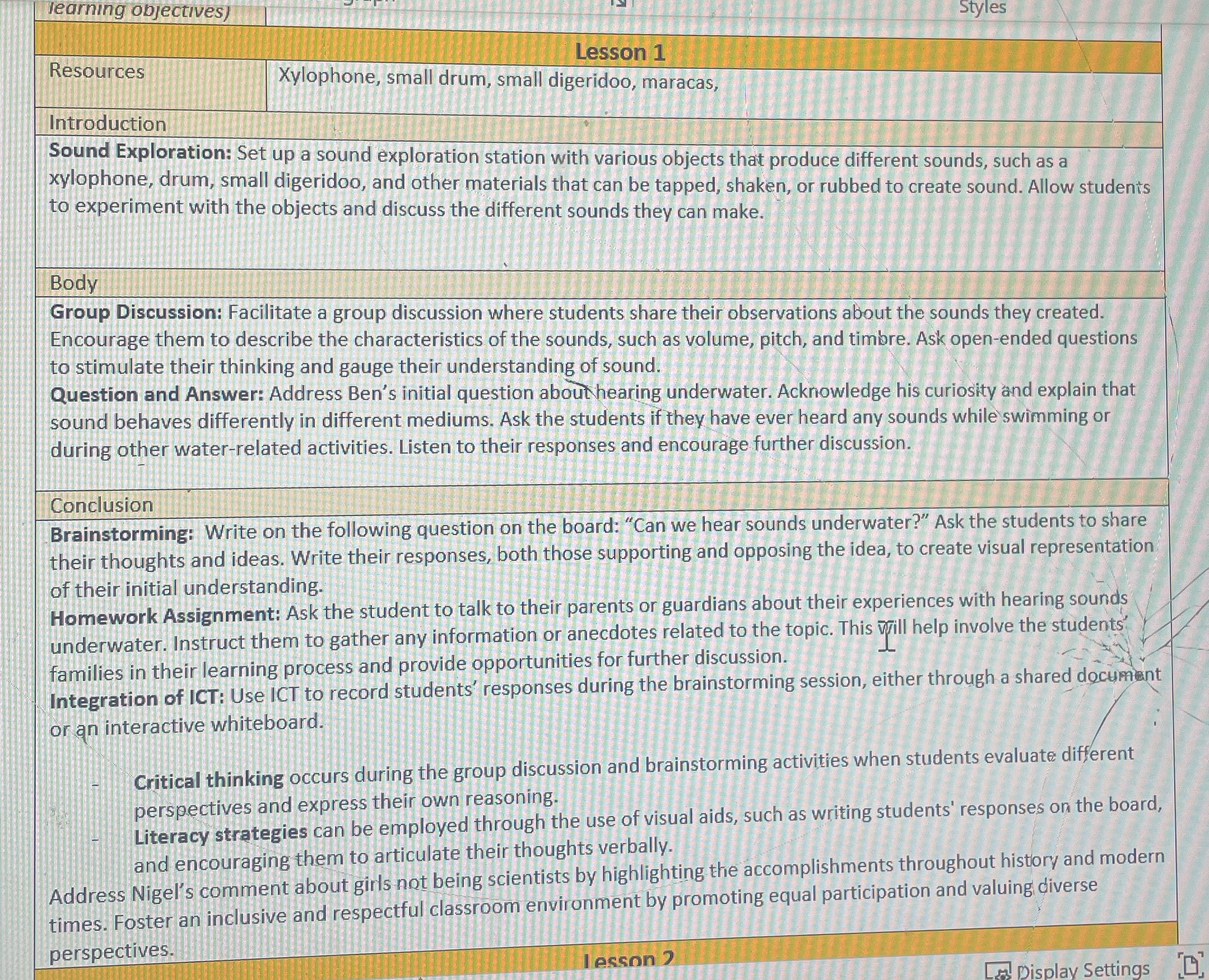 Tjearmng objectives) Resorces Introduction Lesson 1 Xylophone, small drum, sma:ll digeridoo, maracas,