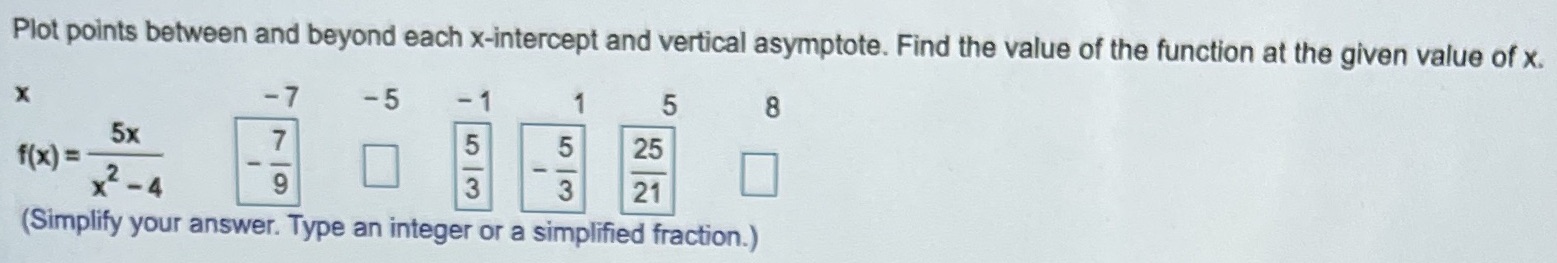  Plot points between and beyond each x-intercept and vertical asymptote. Find