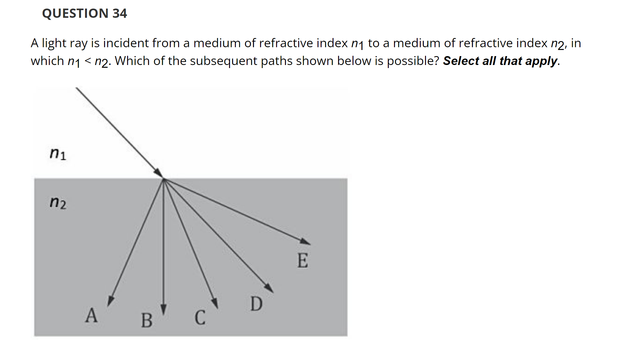  QUESTION 34 A light ray is incident from a medium of