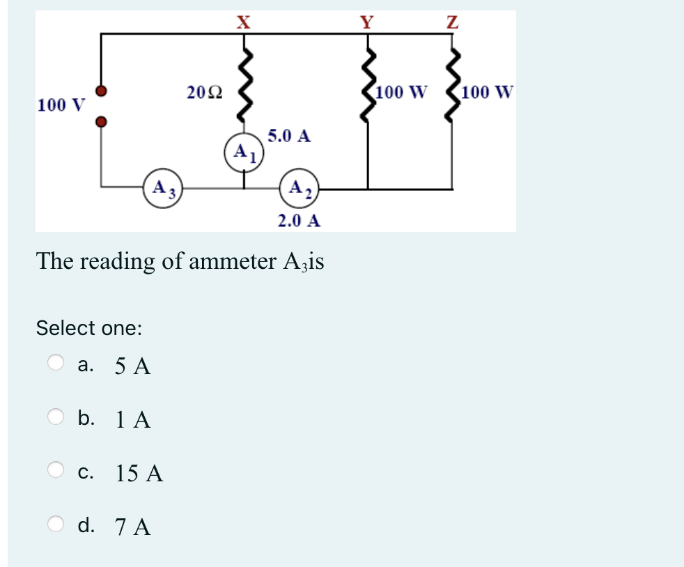 A The reading of ammeter Ads Select one: a. c. d. 15