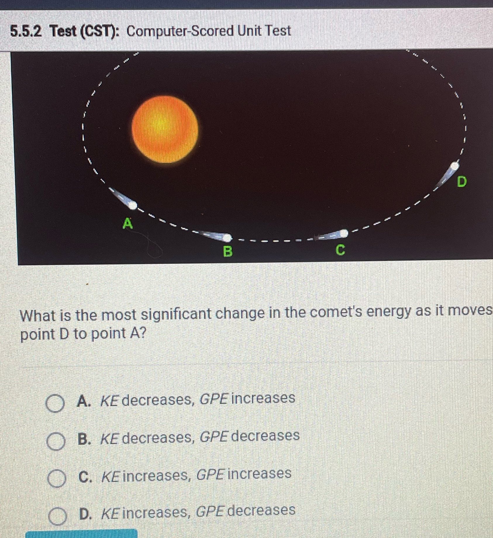 change in the comet's energy as it moves point D to point