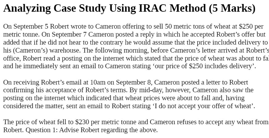 Analyzing Case Study Using IRAC Method (5 Marks) On September 5