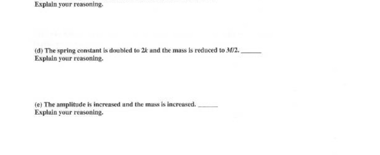 Explain your reasoning. (d) The spring constant is doubled to 2k