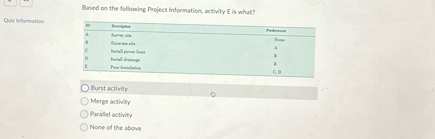  Based on the following Project Information, activity E is what? Quiz