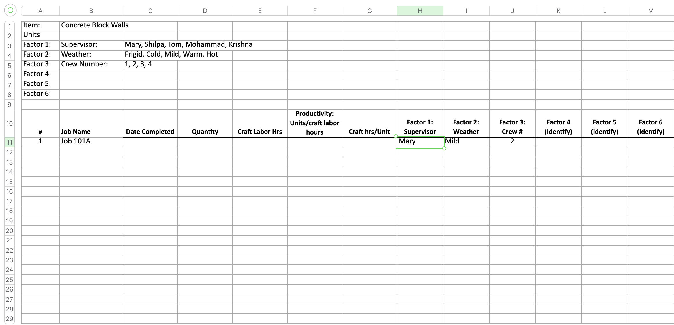 Job Name -# Mary Mild 2 11 Job 101A 12 13 14
