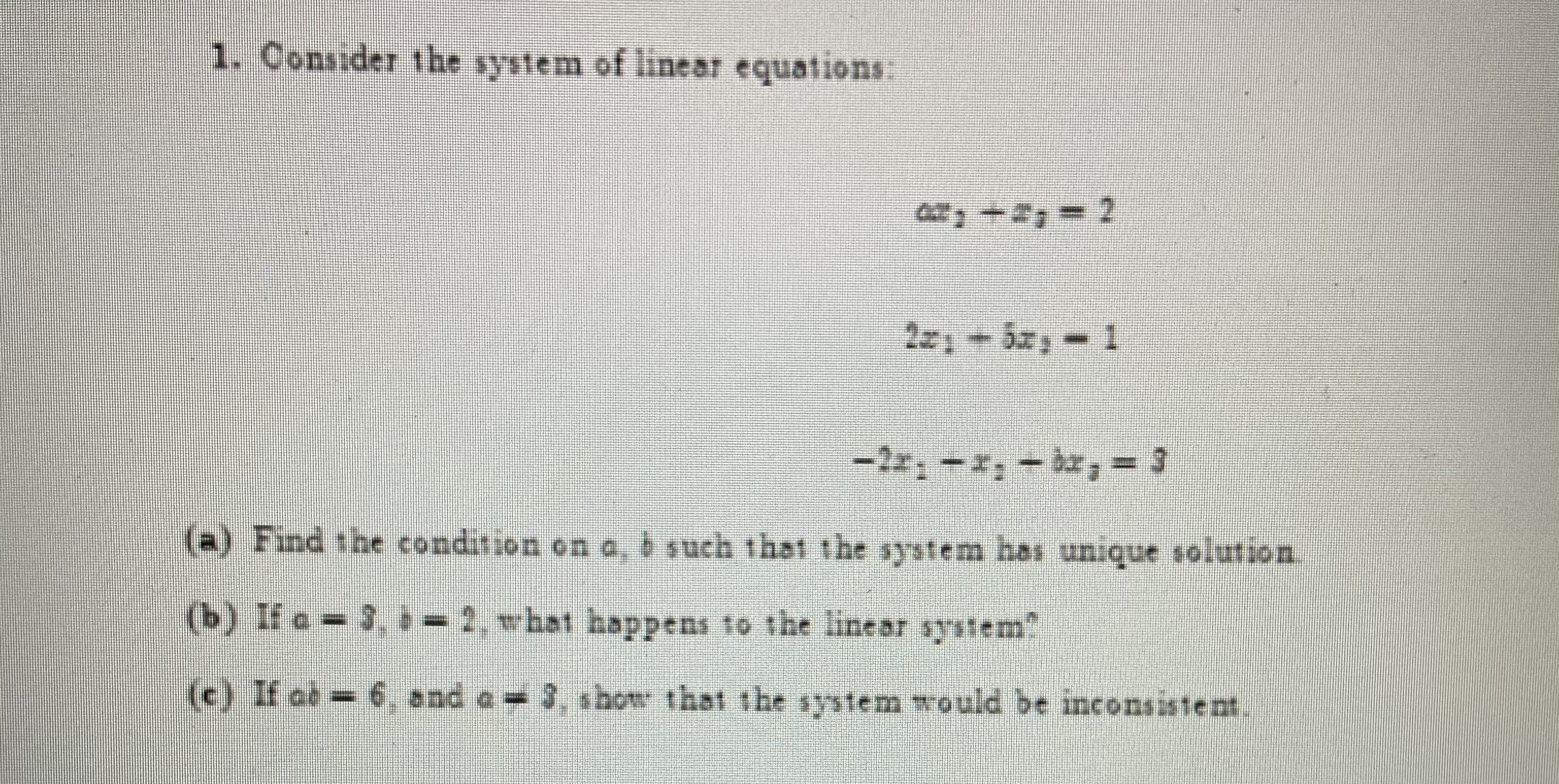 the system of linear equations 2z1 - 5x, - 1 -28, -x,