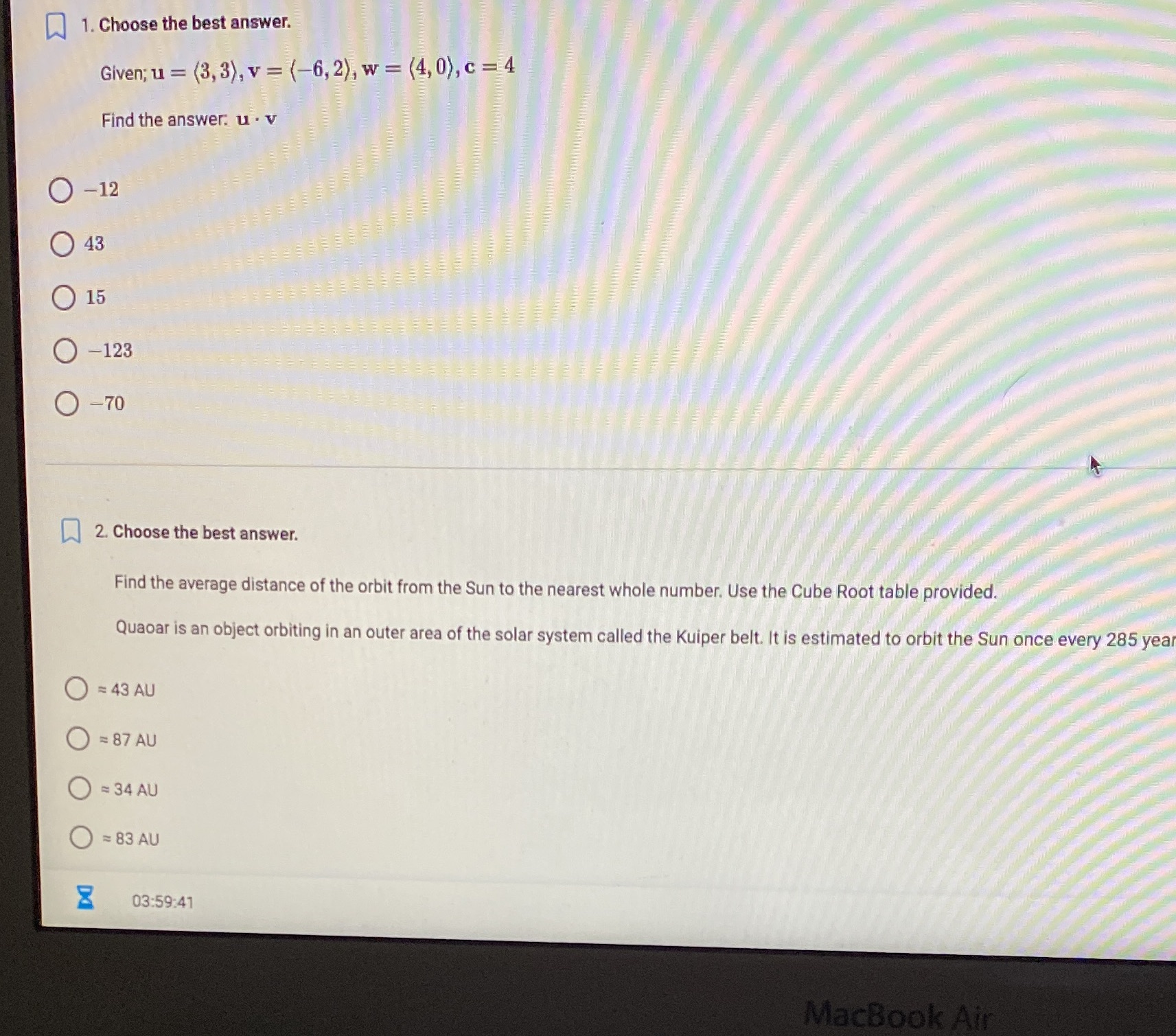  1. Choose the best answer. Given; u = (3, 3), v