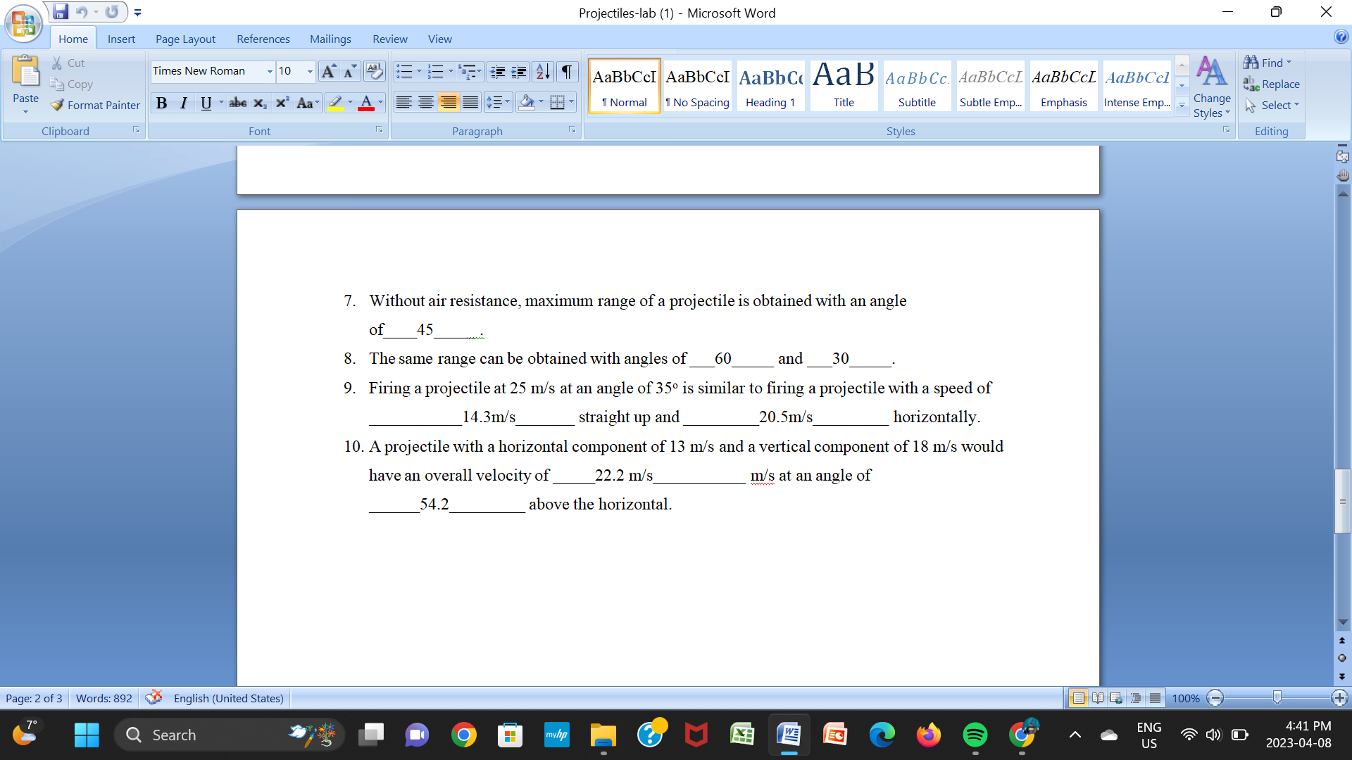 Find the range of the projectile at various angles. 0 = _30