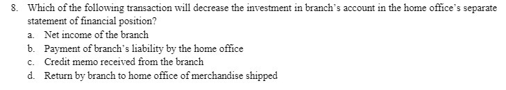 branch's account in the home office's separate statement of financial position? a.