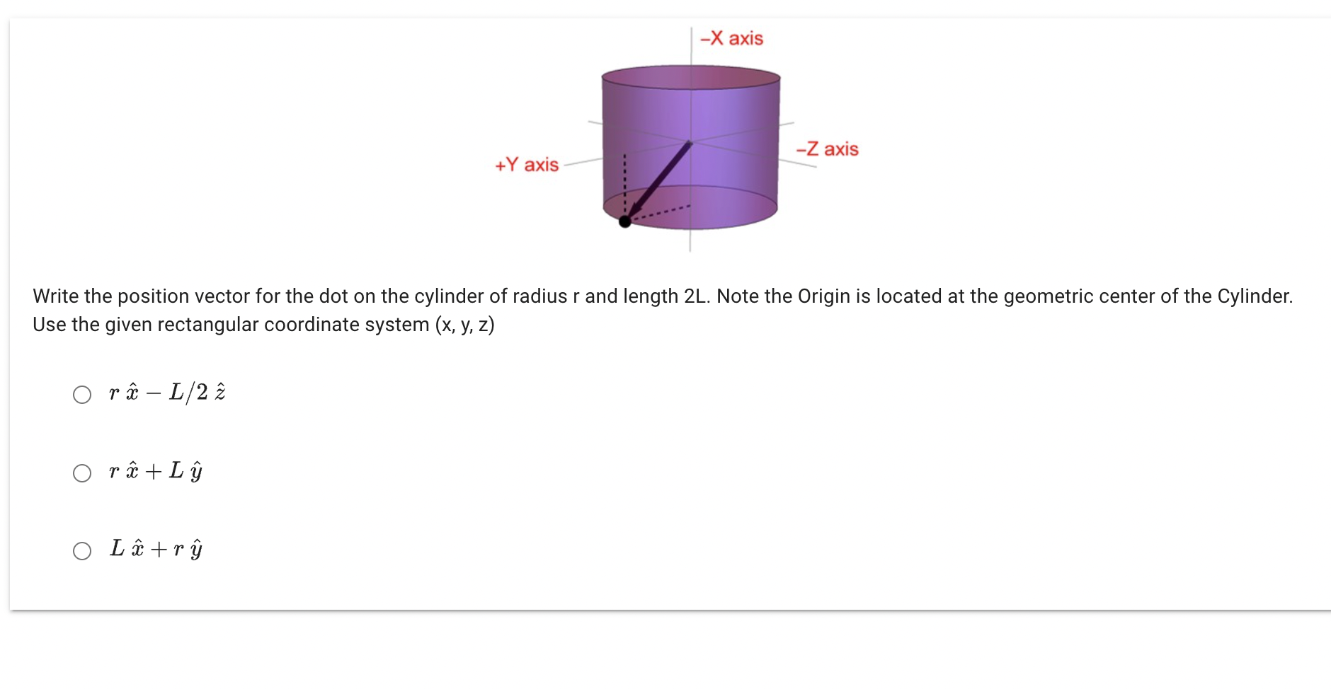 the dot on the cylinder of radius r and length 2L. Note