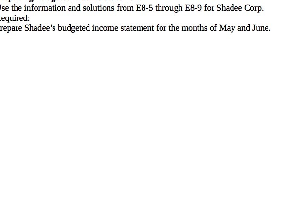 Ise the information and solutions from E8-5 through E8-9 for Shadee