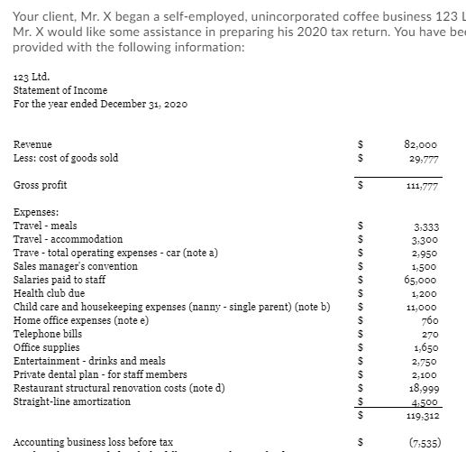 Your client. Mr. X began a self-employed, unincorporated coffee business 123 Mr.