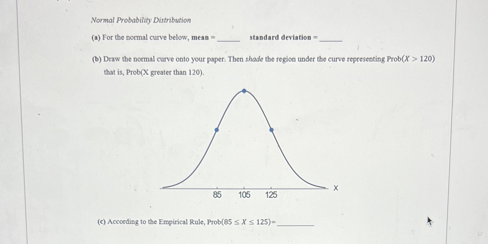 standard deviation = (b) Draw the normal curve onto your paper. Then