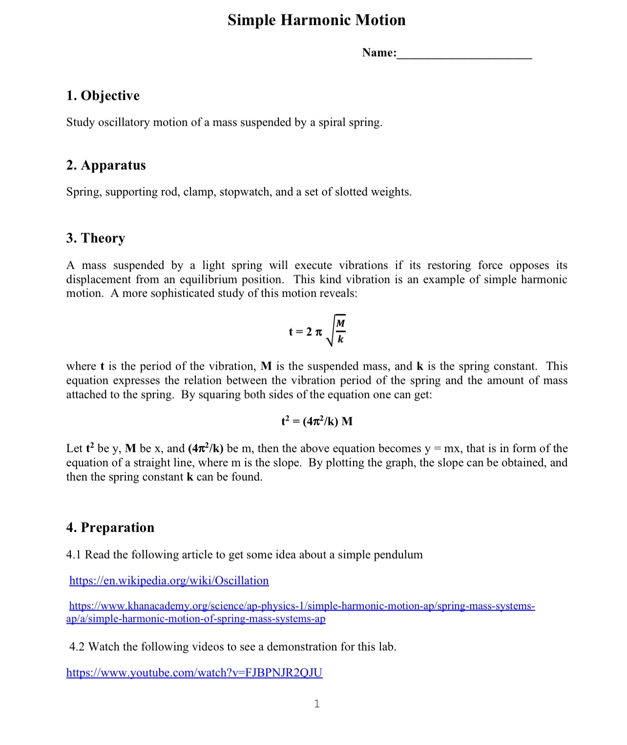 between the vibration period of the spring and the amount of mass