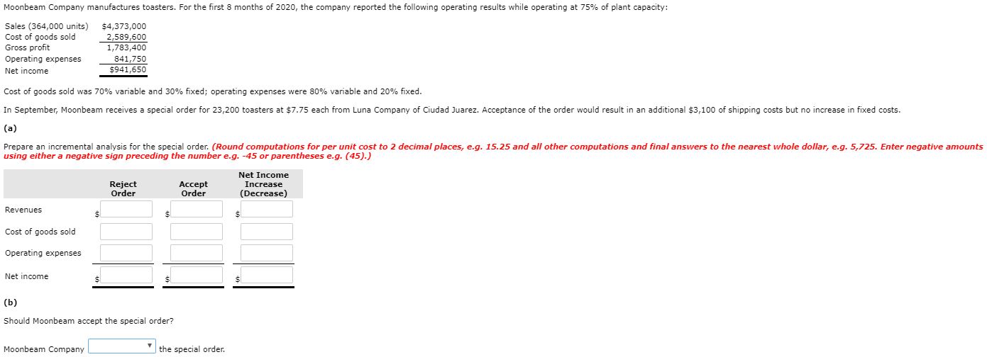 company reported the following operating results while operating at 75',' of plant