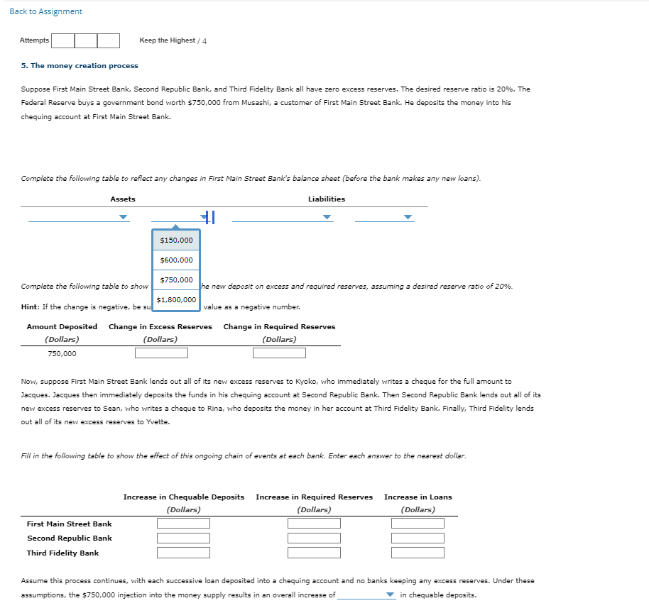 table to show the effects of the new deposit on excess and