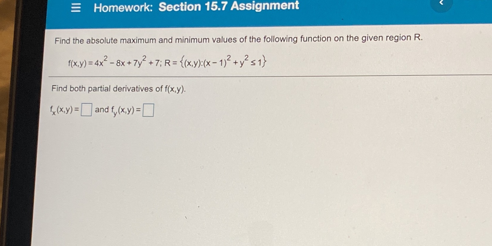 values of the following function on the given region R. f (