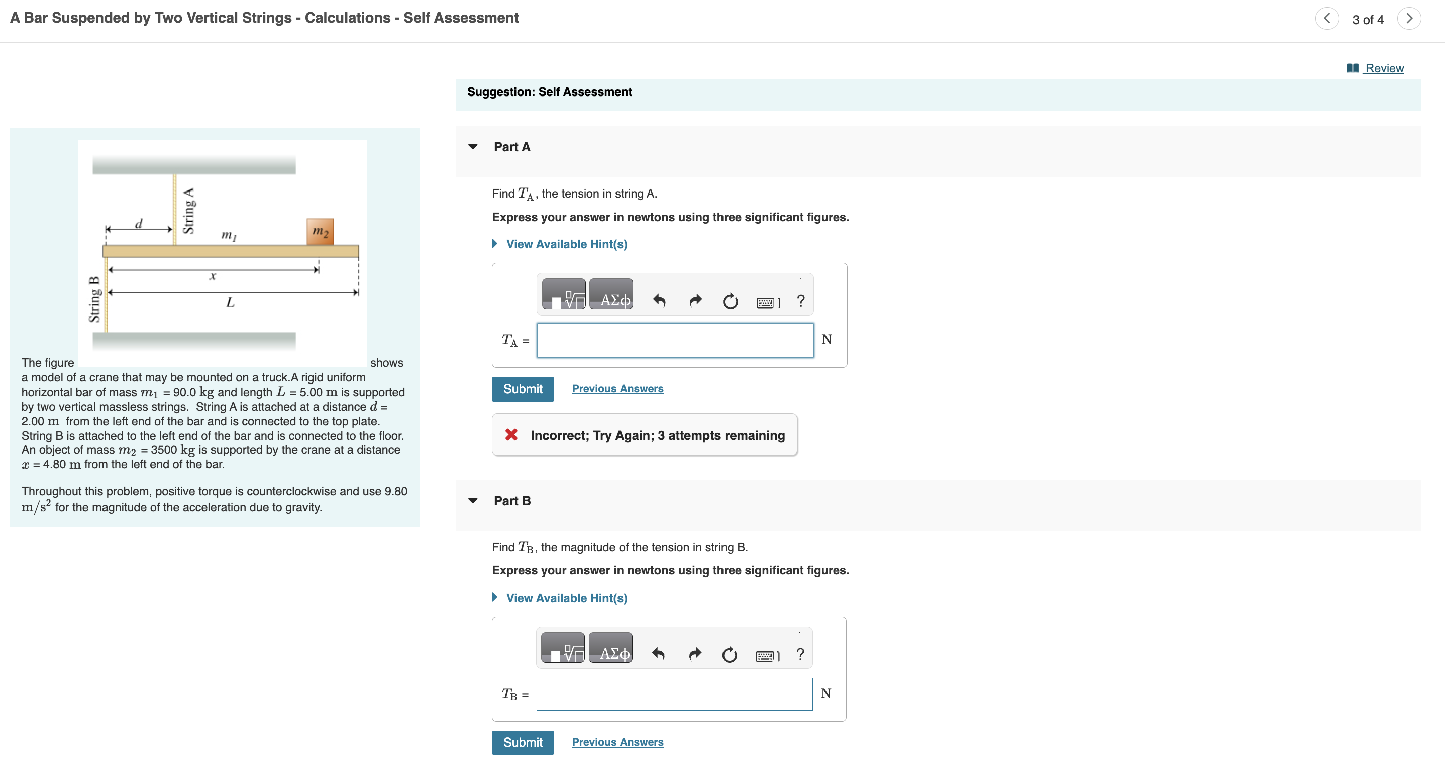 of mass m2 = 3500 kg is supported by the crane at