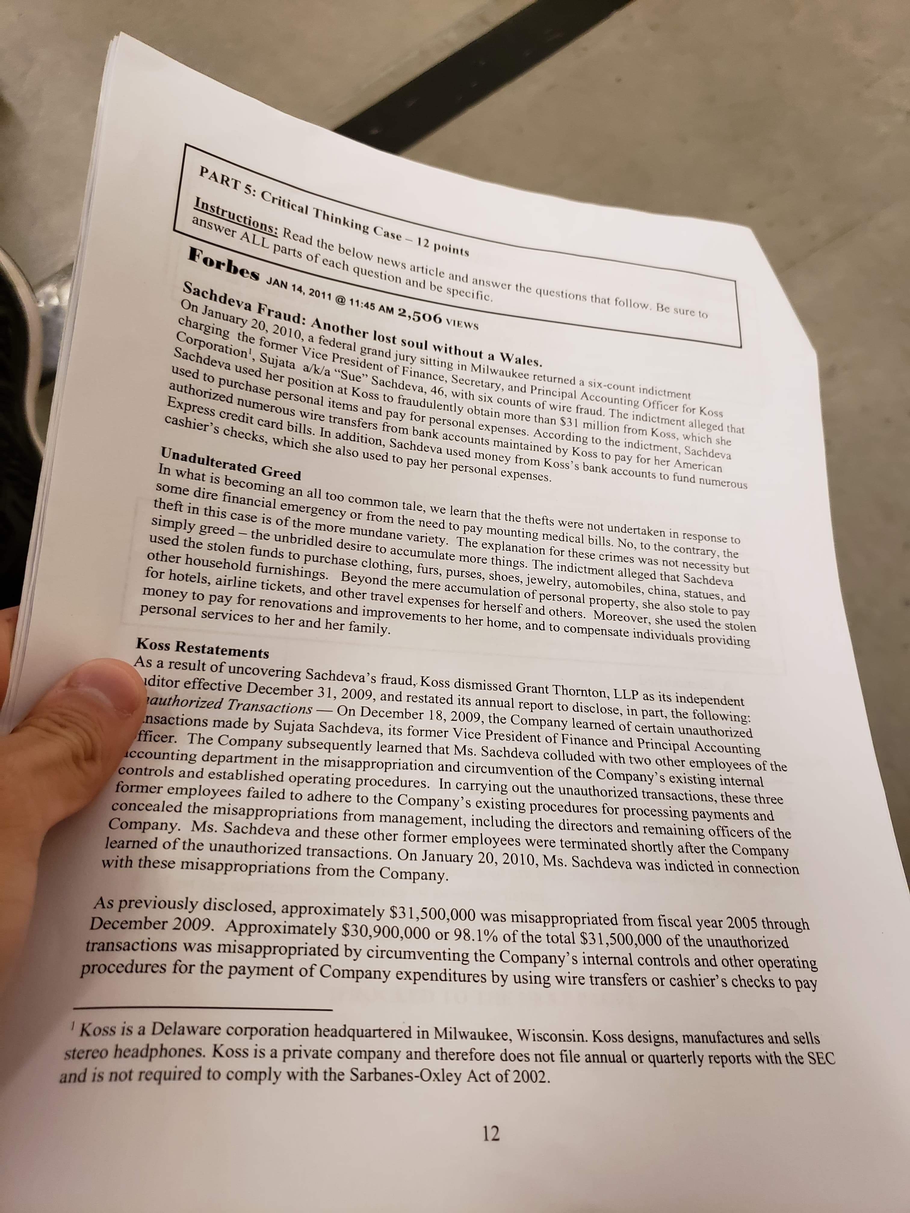 PART 5: Critical Thinking Case - 12 points Instructions: Read the