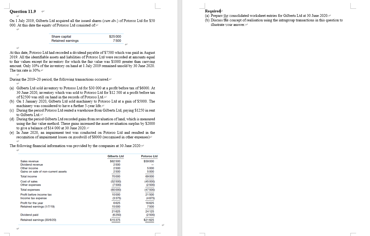 Question 11.9 On I July 2019, Gilberts Ltd acquired all the issued
