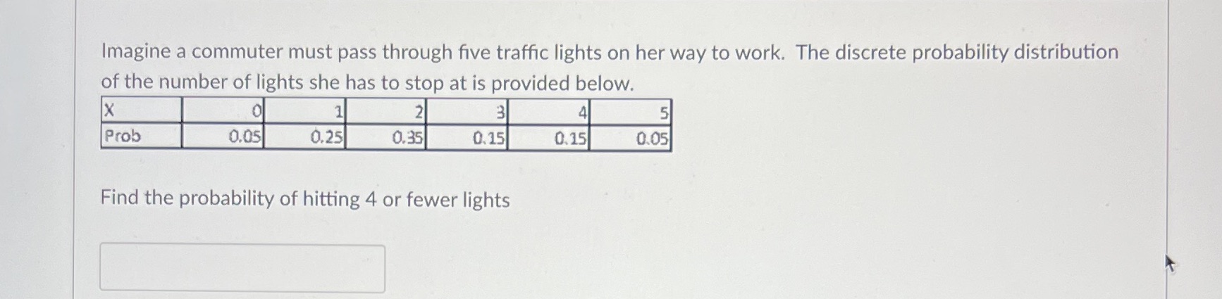 to work. The discrete probability distribution of the number of lights she