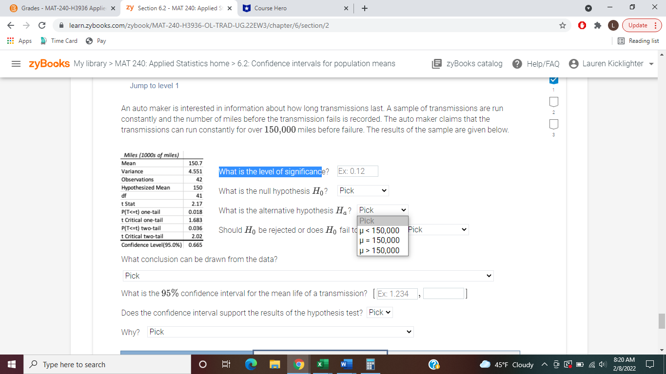 Variance 4.551 What is the level of significance? Ex: 0.12 # Observations