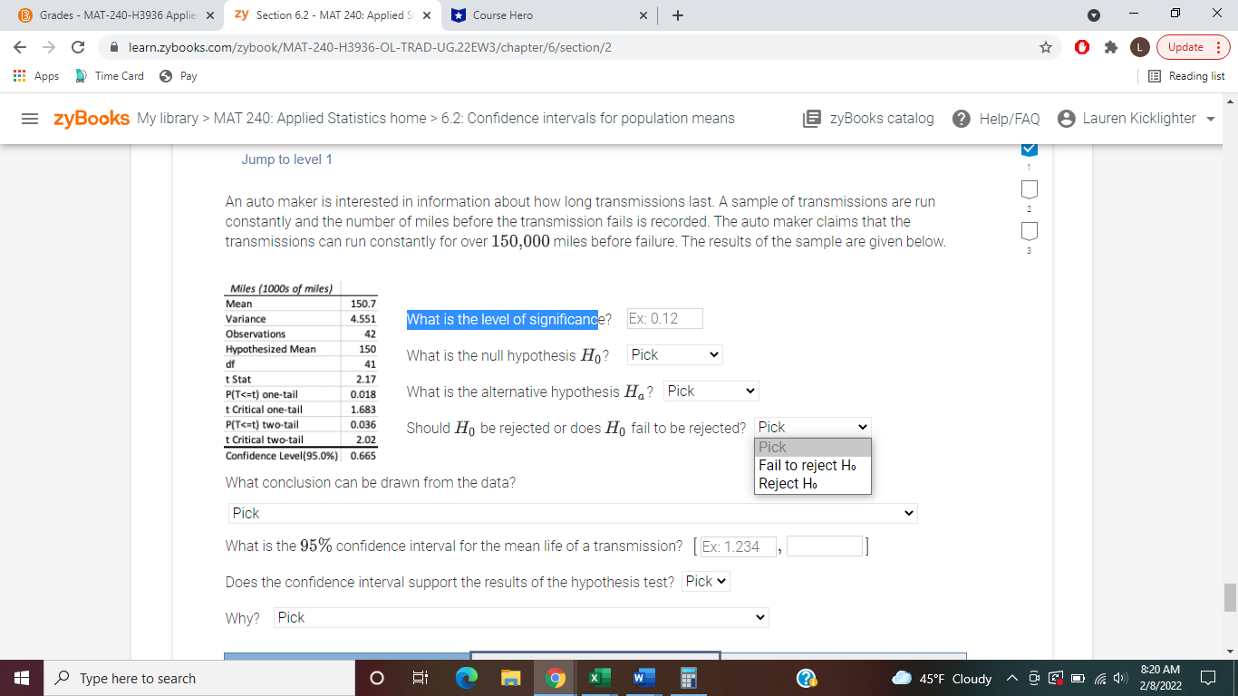 42 Hypothesized Mean 150 df 41 What is the null hypothesis Ho?