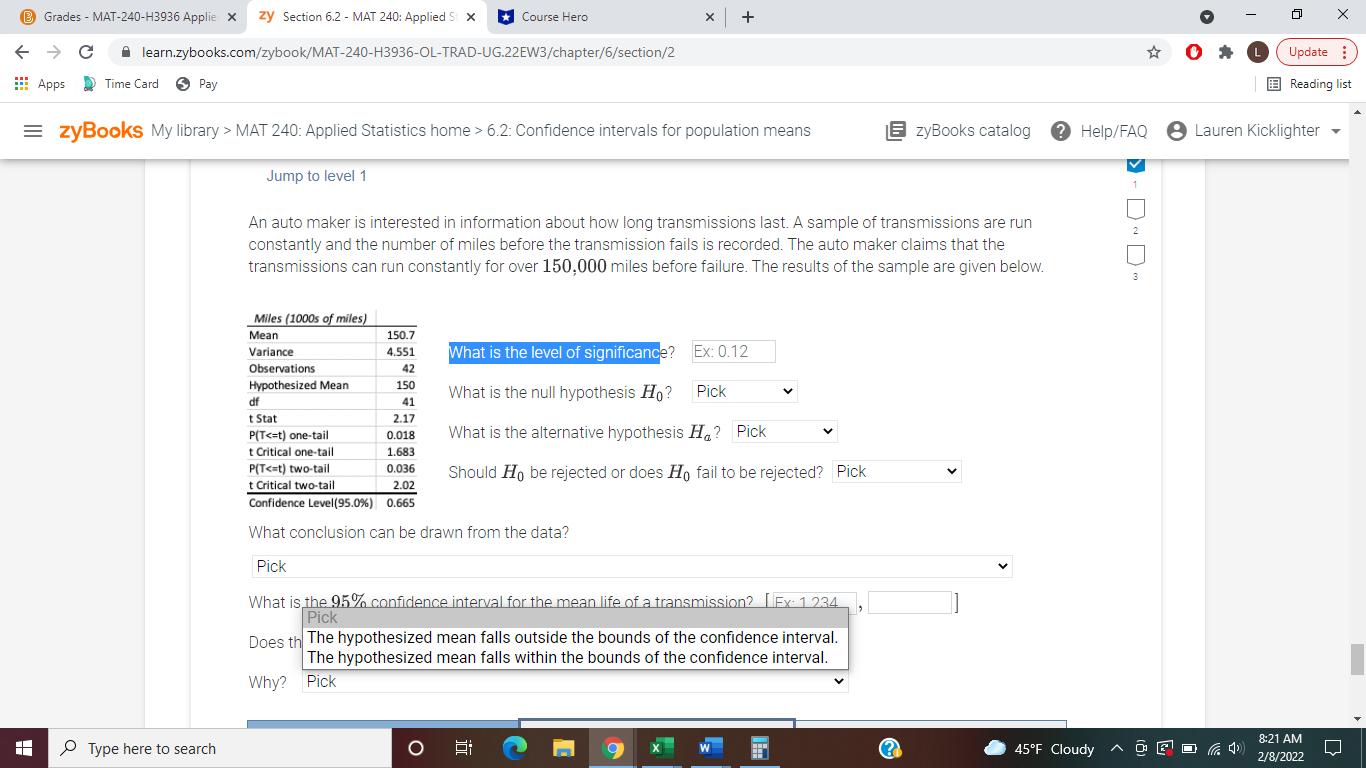 level 1 V An auto maker is interested in information about how