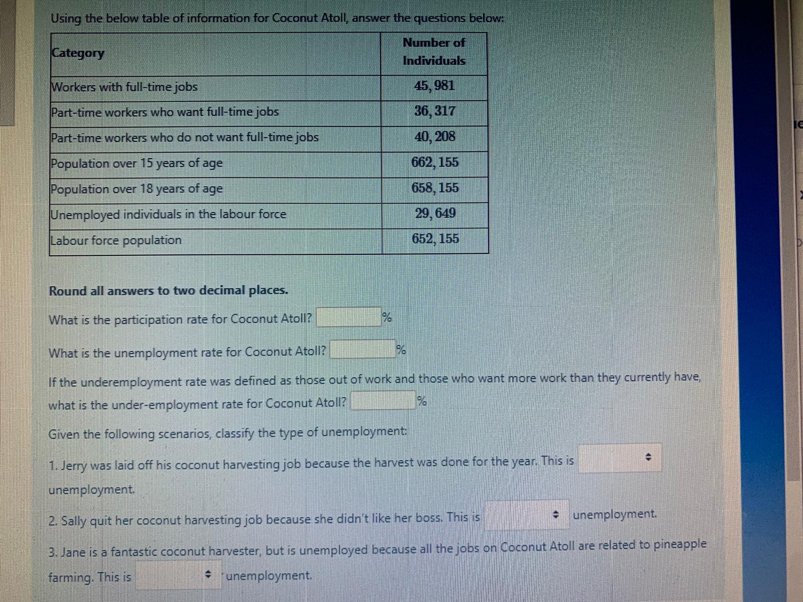  Using the below table of information for Coconut Atoll, answer the