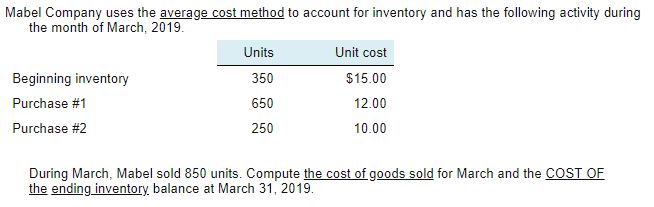 Purchase #1 Purchase #2 Units 350 660 250 Unit cost $15.00 12.00