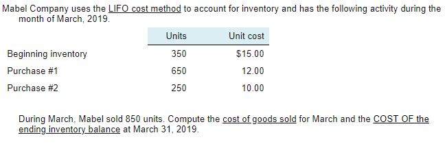 10.00 During March, Mabel sold 860 units. Compute the cost of goods