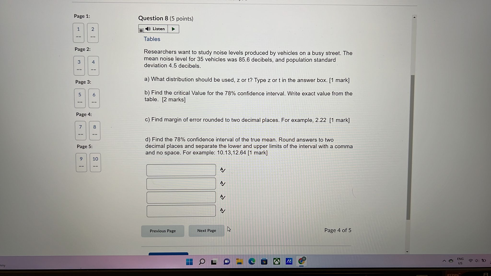  Page 1: Question 8 (5 points) 1 2 Listen -- Tables