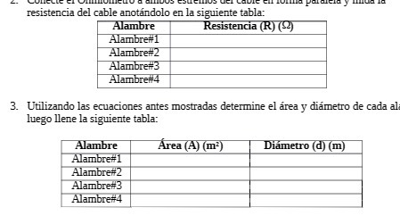 resistencia del cable anotndolo en Ia siguiente tabla: 3. Utilizando Ias ecuaciones