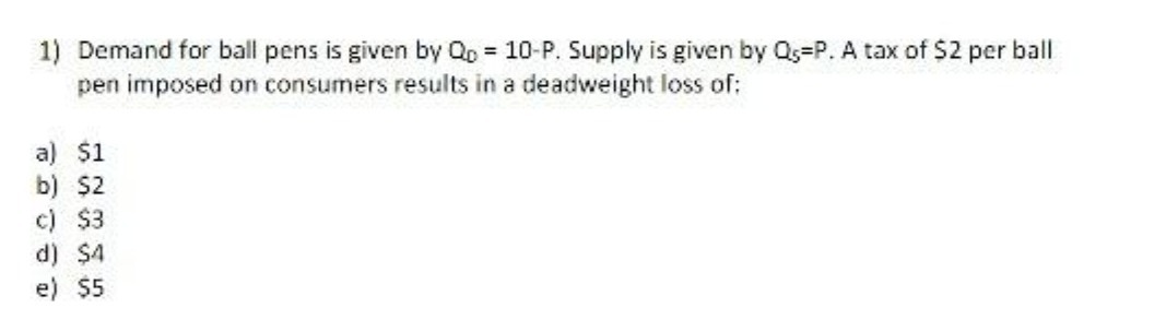 Supply is given by Q5=P. A tax of $2 per ball pen