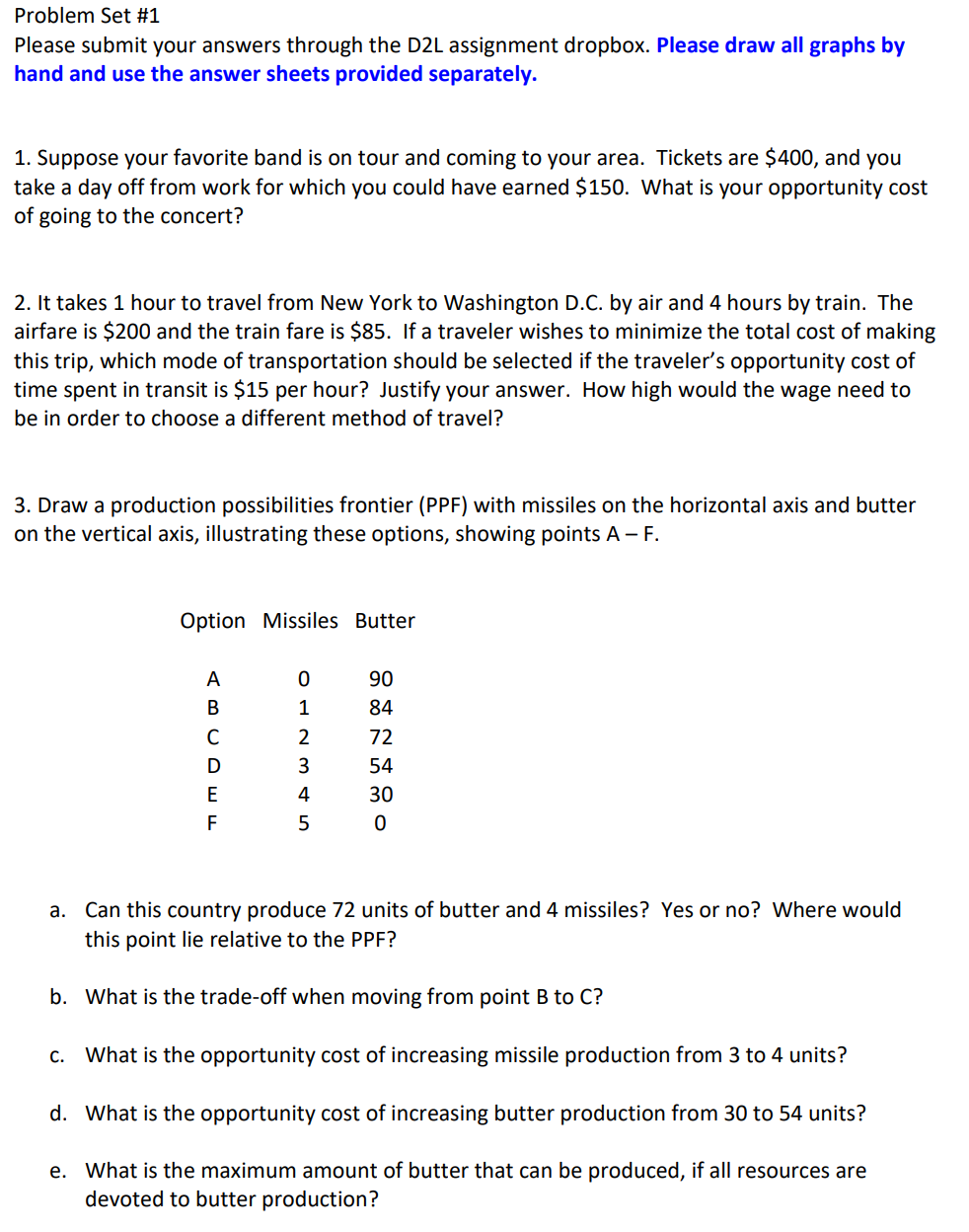  Problem Set #1 Please submit your answers through the D2L assignment