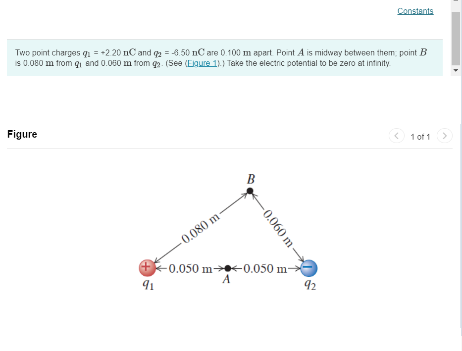 -6.50 nC are 0.100 m apart. Point A is midway between them;