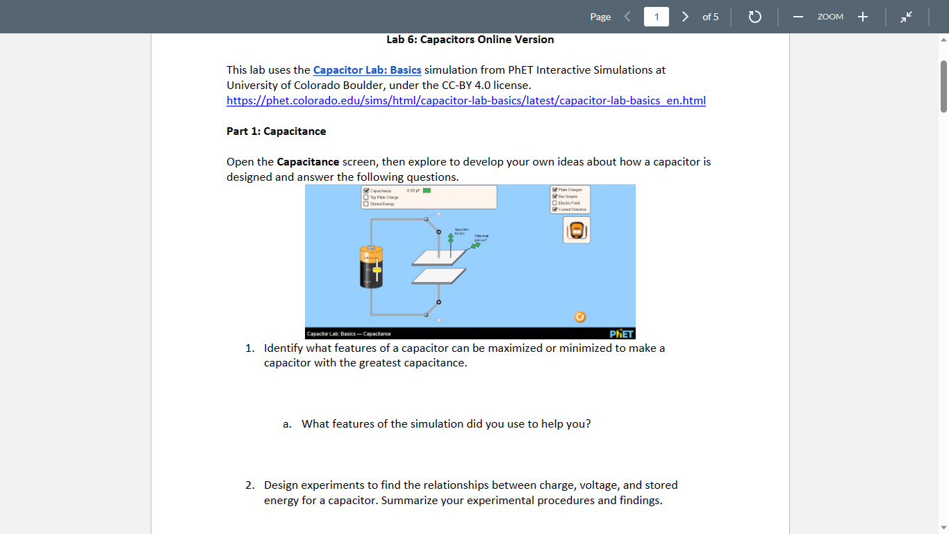 Lab 6: Capacitors Online Version This lab uses the Capacitor Lab: