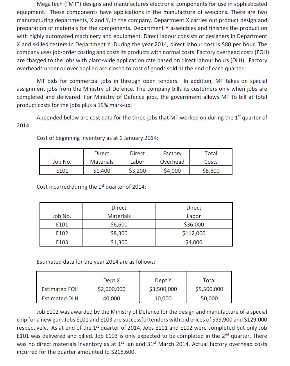manufacturing departments, X and Y, in the company. Department X carries out