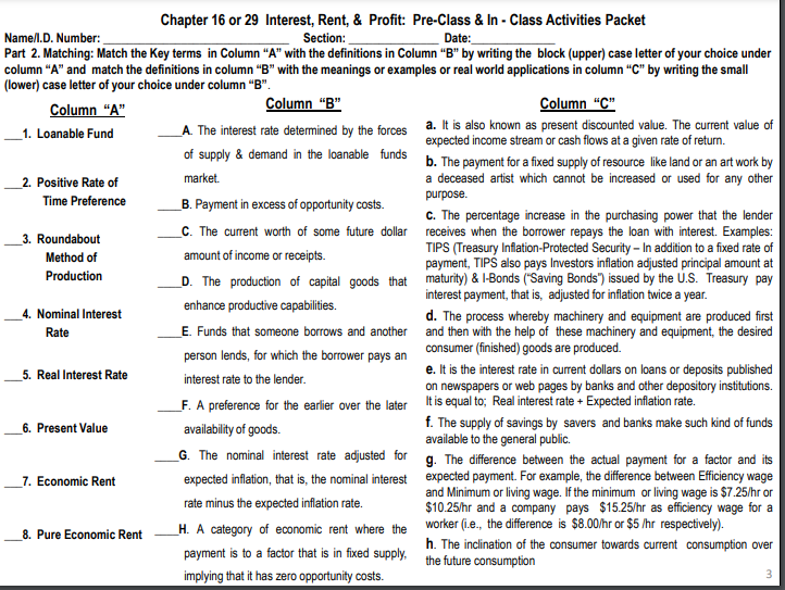 In. Class Activities Packet Section: Part 2. Matching: Match the Key terms