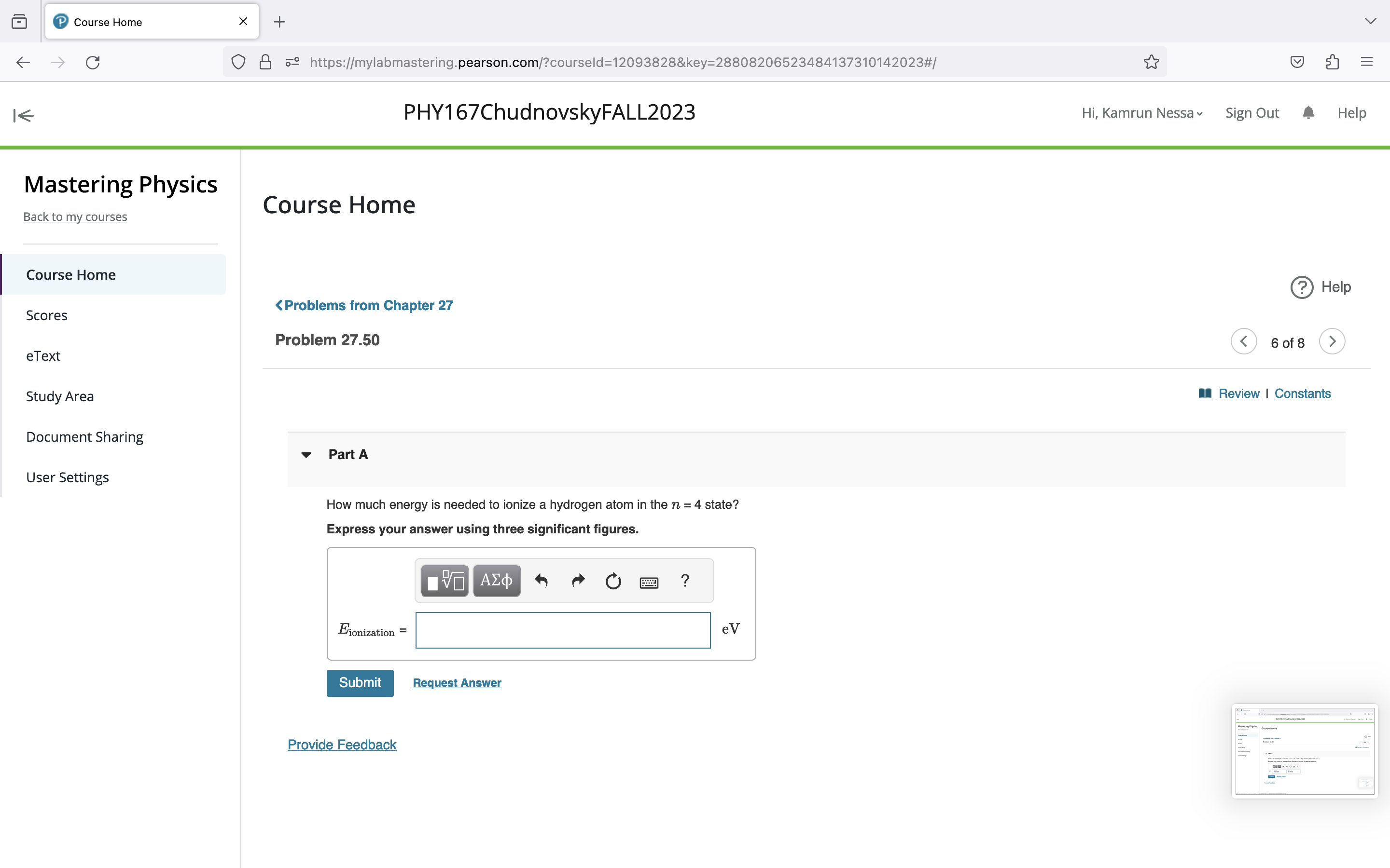 Kamrun Nessa Sign Out Help Mastering Physics Course Home Back to my
