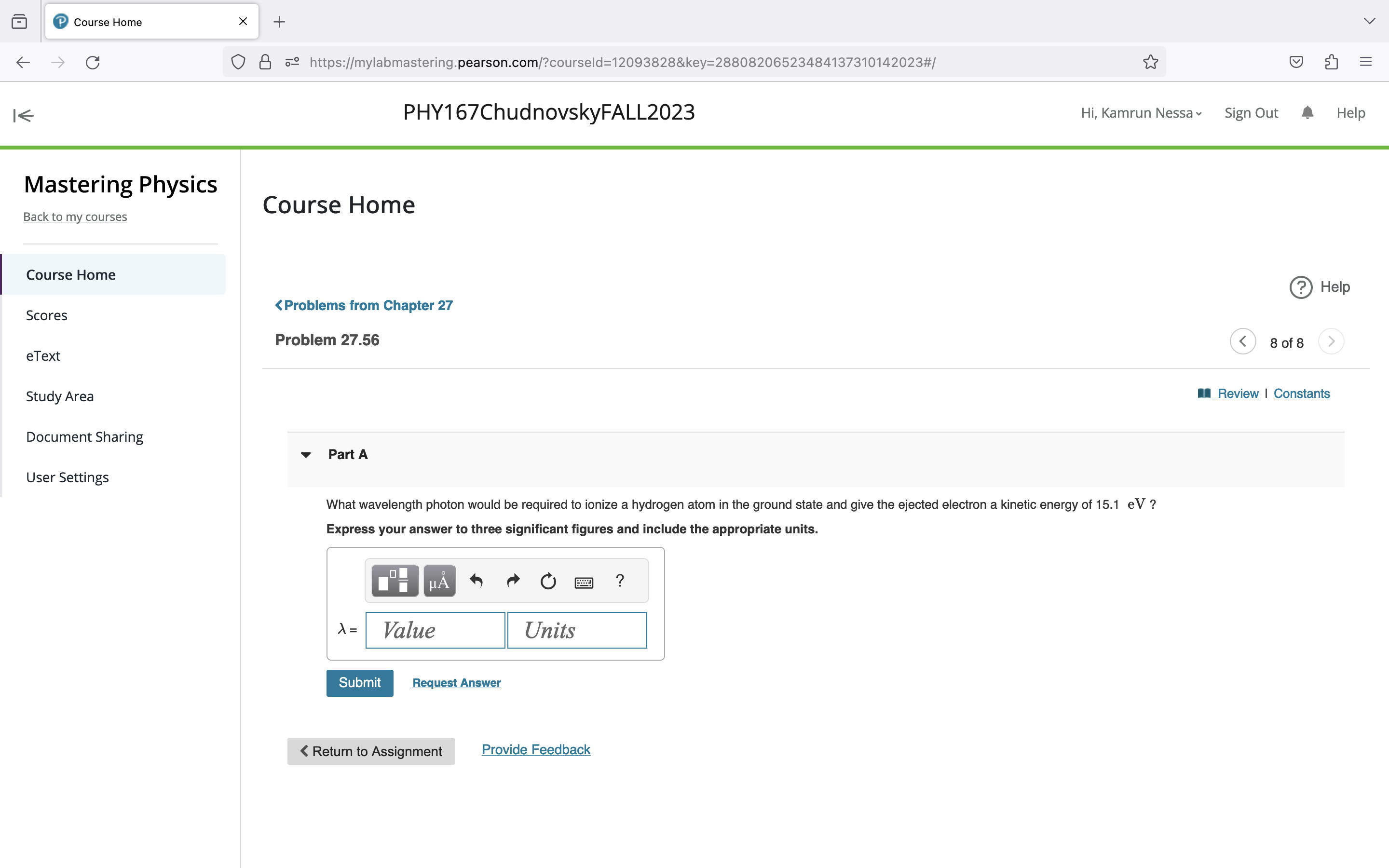courses Course Home ? Help eText Study Area Review | Constants Document