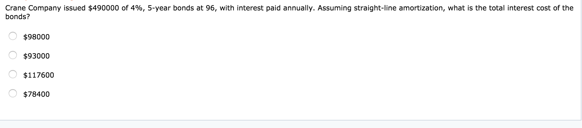 Crane Company issued $490000 of 4%, 5year bonds at 96, with interest