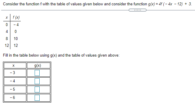 and consider the function g(x) = 4f ( - 4x - 12)
